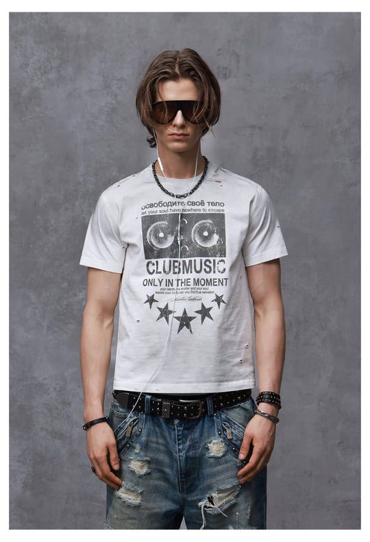 ANTIDOTE Audio Amplifier Graphic Print Distressed Short Sleeve Tee