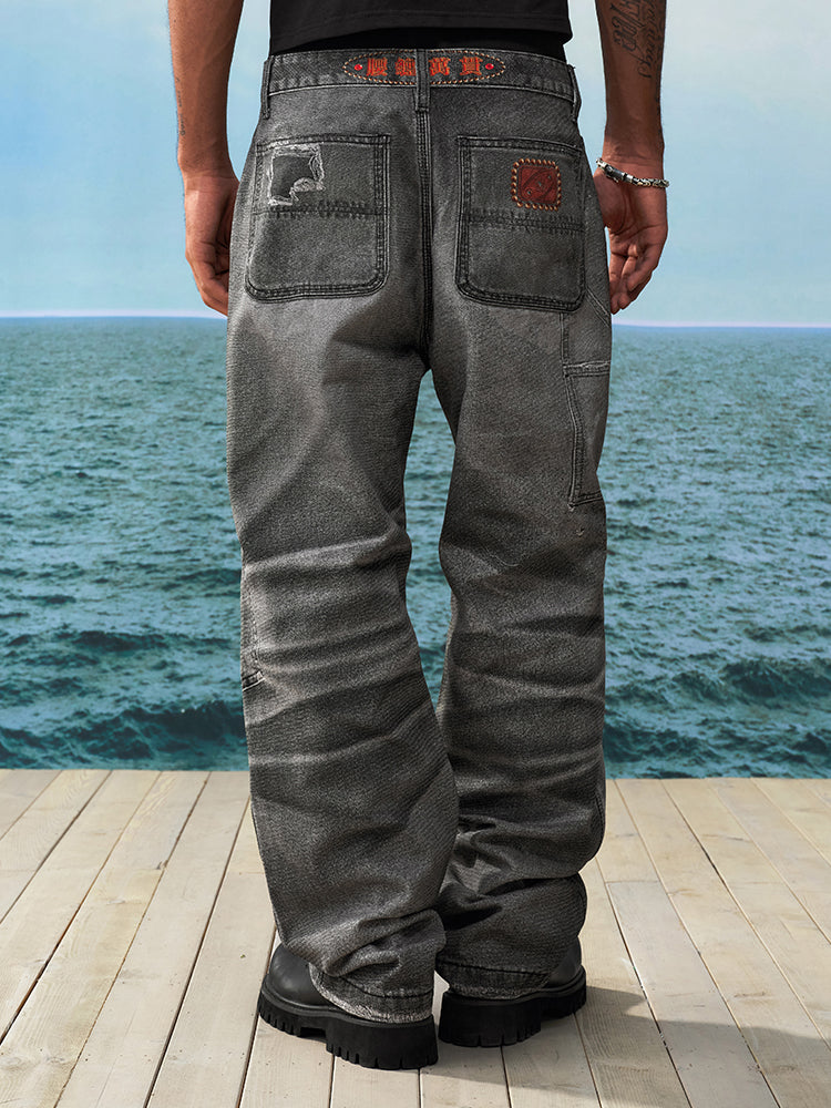 YADcrew Needle Stitch Hole Double Knee Print Jeans | Face 3 Face