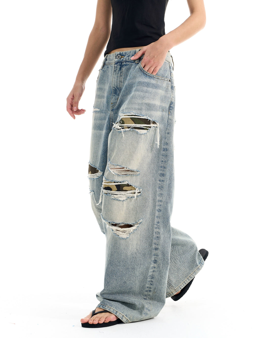 BLIND NO PLAN Washed Blue Ripped Camo Patch Baggy Jeans | Face 3 Face