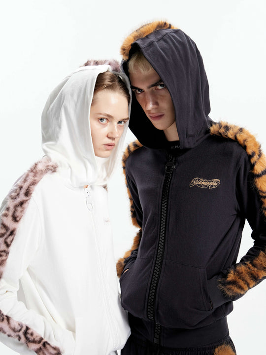 KARMANISTIC Tiger and Leopard Faux Fur Stripe Zip Up Hoodie | Face 3 Face