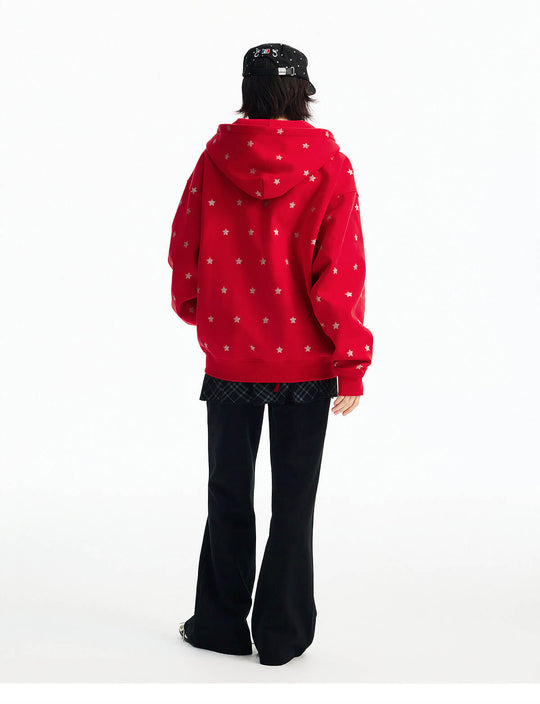 MEDM All Over Glitter Star Print Logo Patch Zip Up Hoodie | Face 3 Face