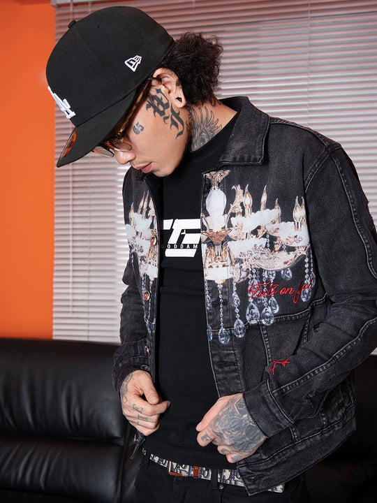 TGFCLUB Chandelier Digital Print Washed Slim Denim Jacket | Face 3 Face