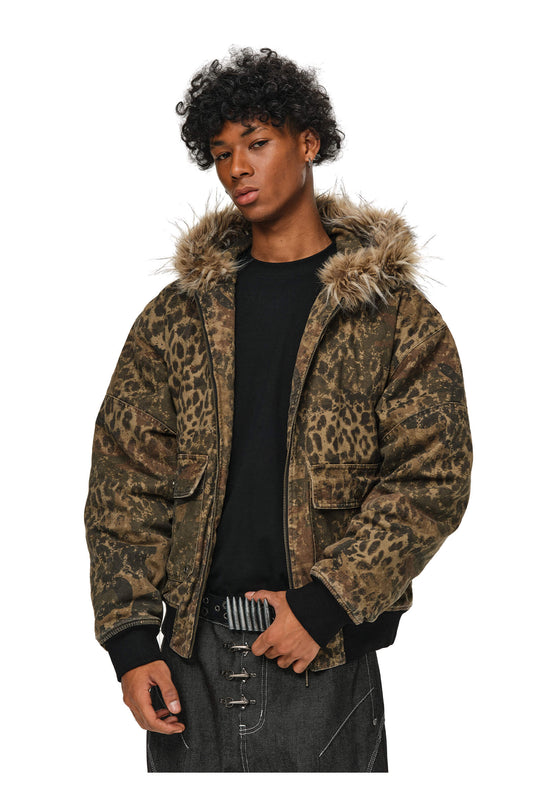 ANTIDOTE Washed Leopard Fur Hooded Work Jacket | Face 3 Face