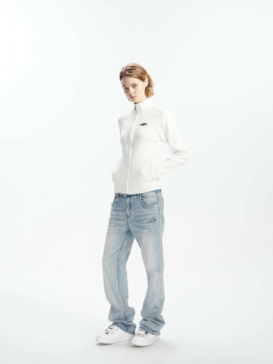 KARMANISTIC Metal Logo Badge Slim Fit Zip Up Knit Sweater | Face 3 Face
