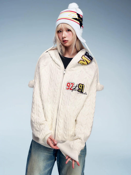 MEDM Patch Applique Zip Up Knit Hoodie | Face 3 Face