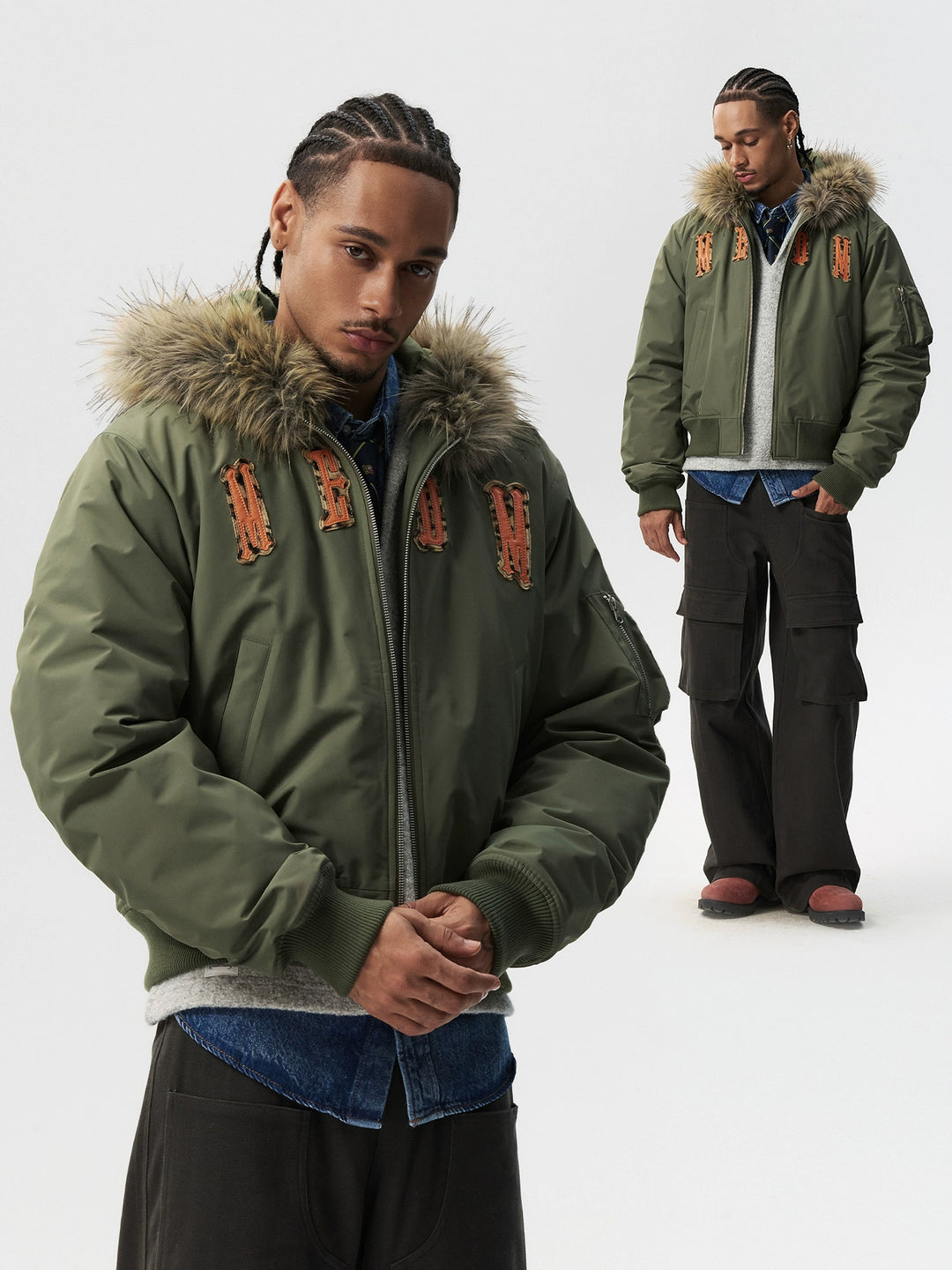 MEDM Animal Logo Patch Fur Hooded Bomber Jacket | Face 3 Face