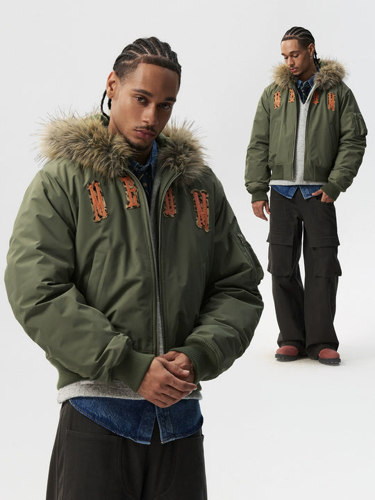 MEDM Animal Logo Patch Fur Hooded Bomber Jacket | Face 3 Face