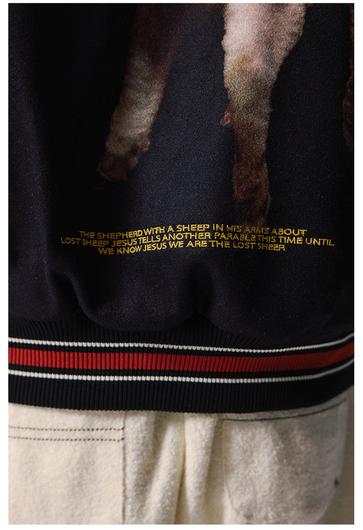 Remedy Sheep Full Print Pearl Embroidered Varsity Jacket | Face 3 Face