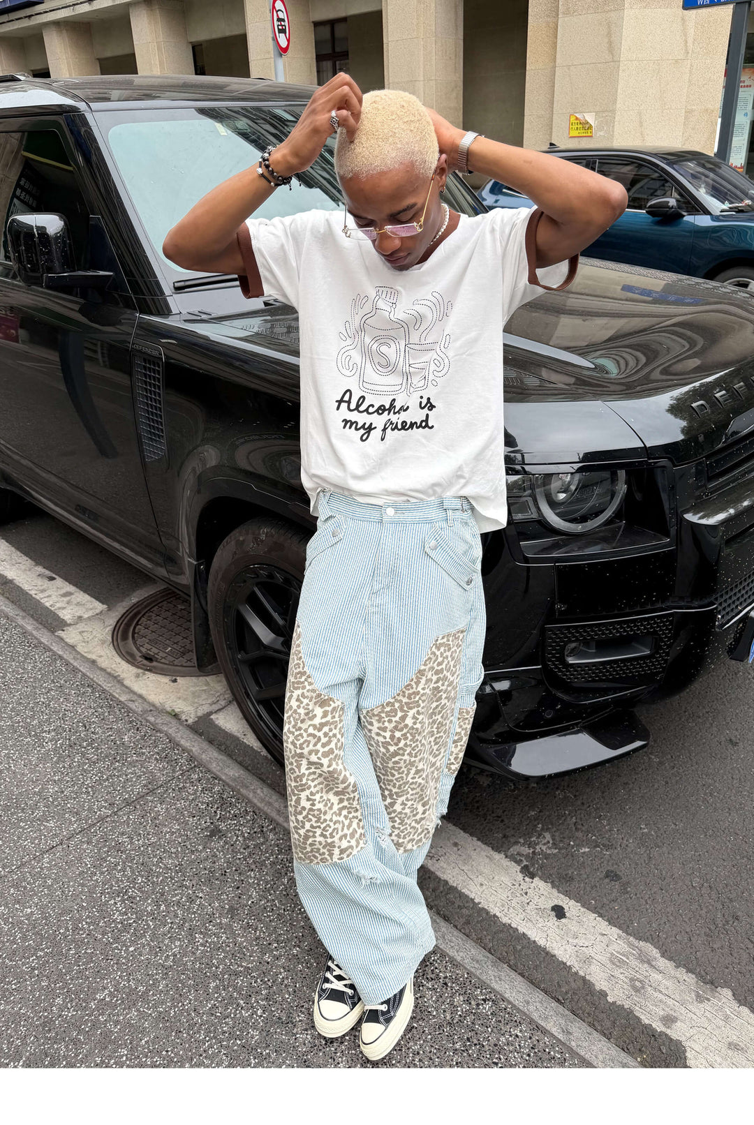 STEEPC Leopard Print Double Knee Hickory Stripe Baggy Pants | Face 3 Face