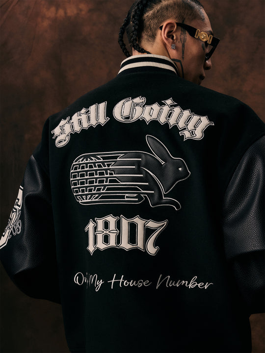 1807 Patchwork Embroidery Leather Varsity Jacket | Face 3 Face