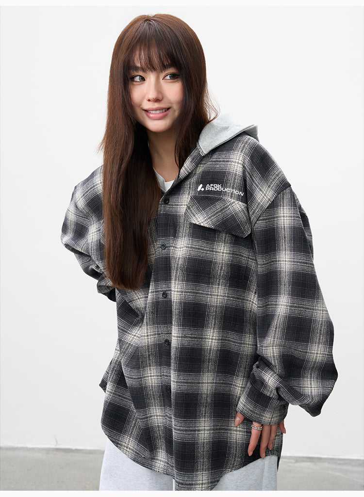 AFGK Plaid Embroidered Hooded Long Sleeve Shirt | Face 3 Face