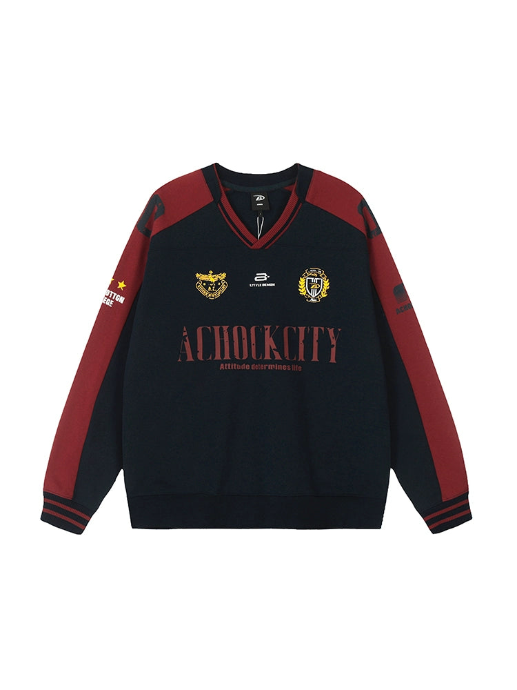 Achock Letter Printed Color Blocked V-Neck Sweatshirt | Face 3 Face