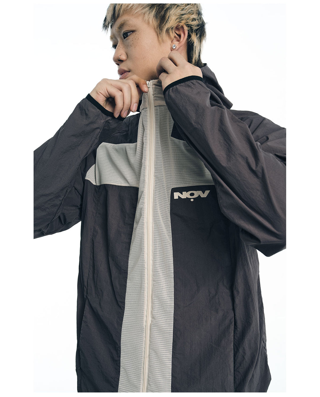NOVACAM Wrinkled Nylon Mesh-Paneled Hooded Track Jacket | Face 3 Face