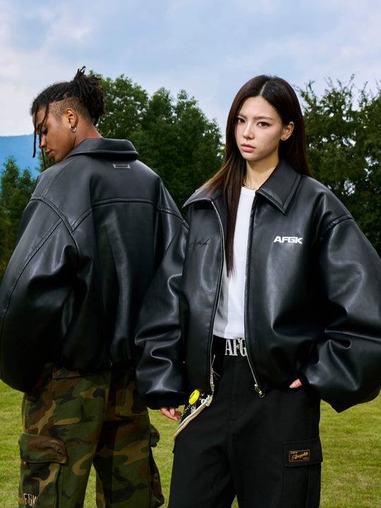 AFGK Embroidered Leather Short Bomber Jacket | Face 3 Face