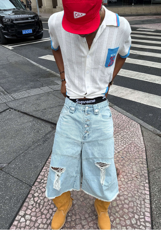 STEEPC Washed Distressed Button Fly Cutoff Baggy Denim Shorts | Face 3 Face