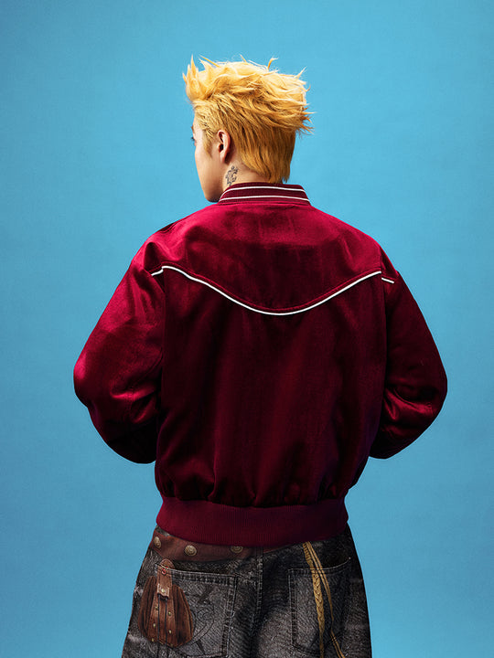 YADcrew Red Velvet Pearl-Embroidered Bomber Jacket | Face 3 Face