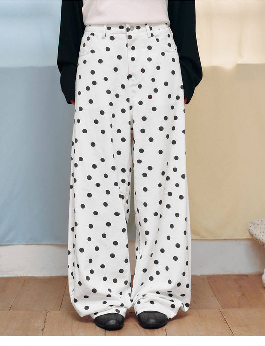 MEDM All Over Polka Dot Print Curved Baggy Pants | Face 3 Face