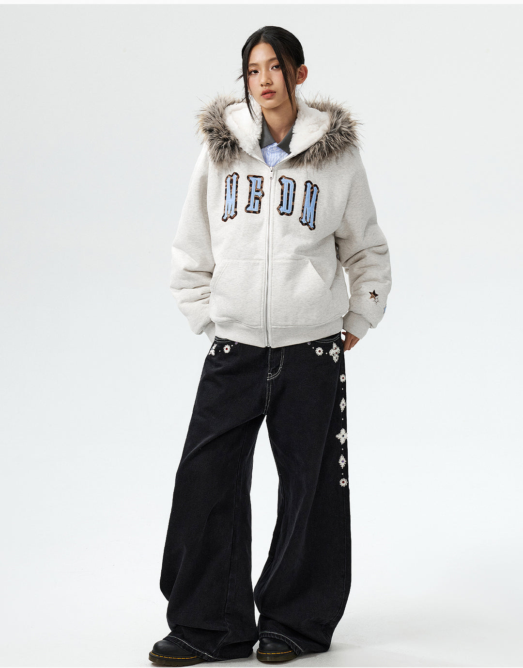 MEDM Faux Fur Lined Hooded Fur Zip Up Jacket | Face 3 Face