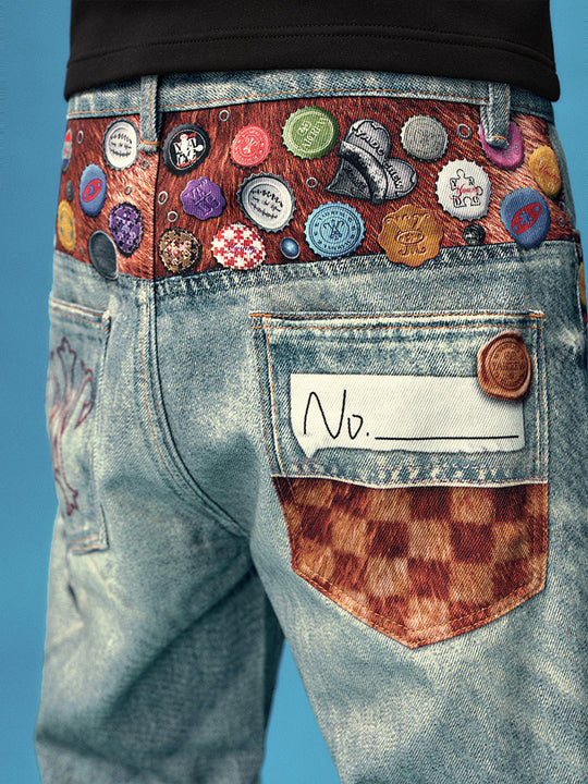 YADcrew Bottle Cap Badge Print Jeans | Face 3 Face