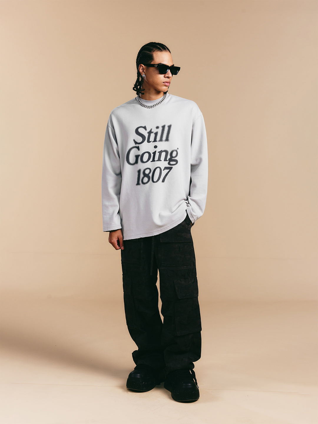 1807 Blurred Logo Print Distressed Long Sleeve Tee | Face 3 Face