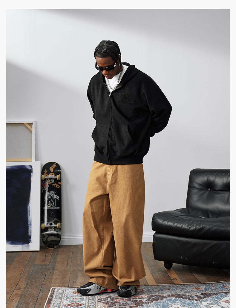 MEDM Suede Logo Patch Zip-Up Hoodie | Face 3 Face