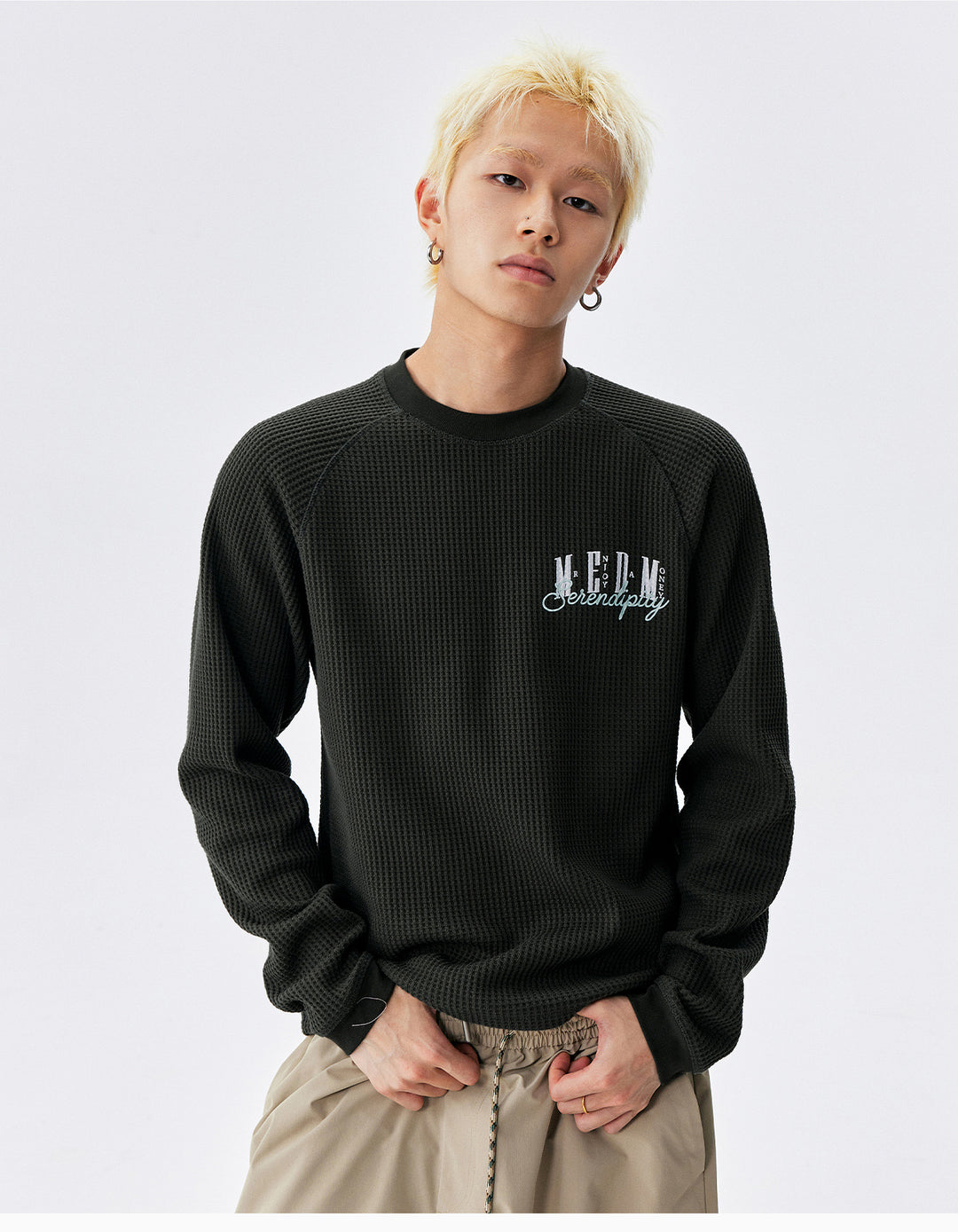 MEDM Logo Embroidered Print Waffle Long Sleeve Tee | Face 3 Face