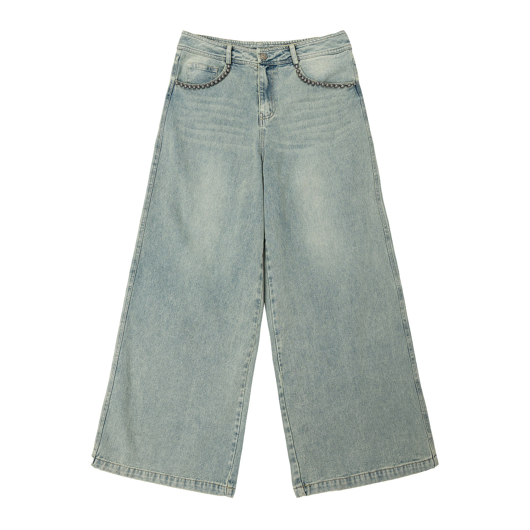 JHYQ Beaded Pockets Washed Old Light Colored Baggy Jeans