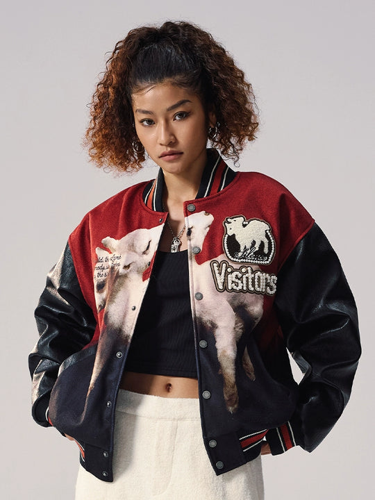 Remedy Sheep Full Print Pearl Embroidered Varsity Jacket | Face 3 Face