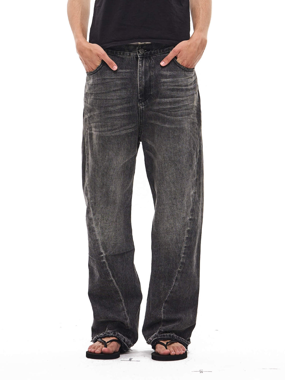 EXITMODE BY BLIND NO PLAN Black Washed Distressed Curved Jeans | Face 3 Face