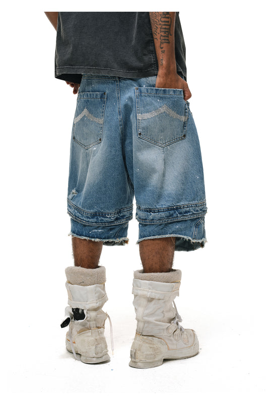 ANTIDOTE Destroyed Double-Layer Washed Denim Shorts | Face 3 Face
