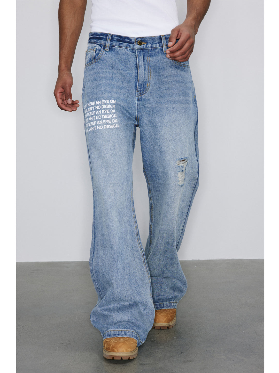 NOVACAM Washed Distressed Print Flared Jeans | Face 3 Face