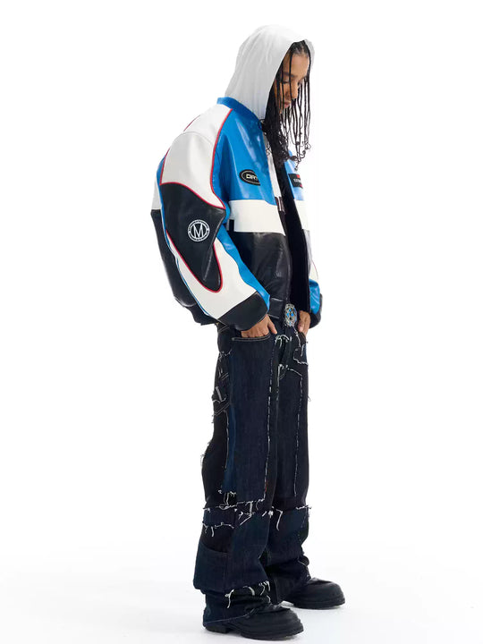 BLIND NO PLAN Color Block Embroidered Racing Leather Jacket | Face 3 Face