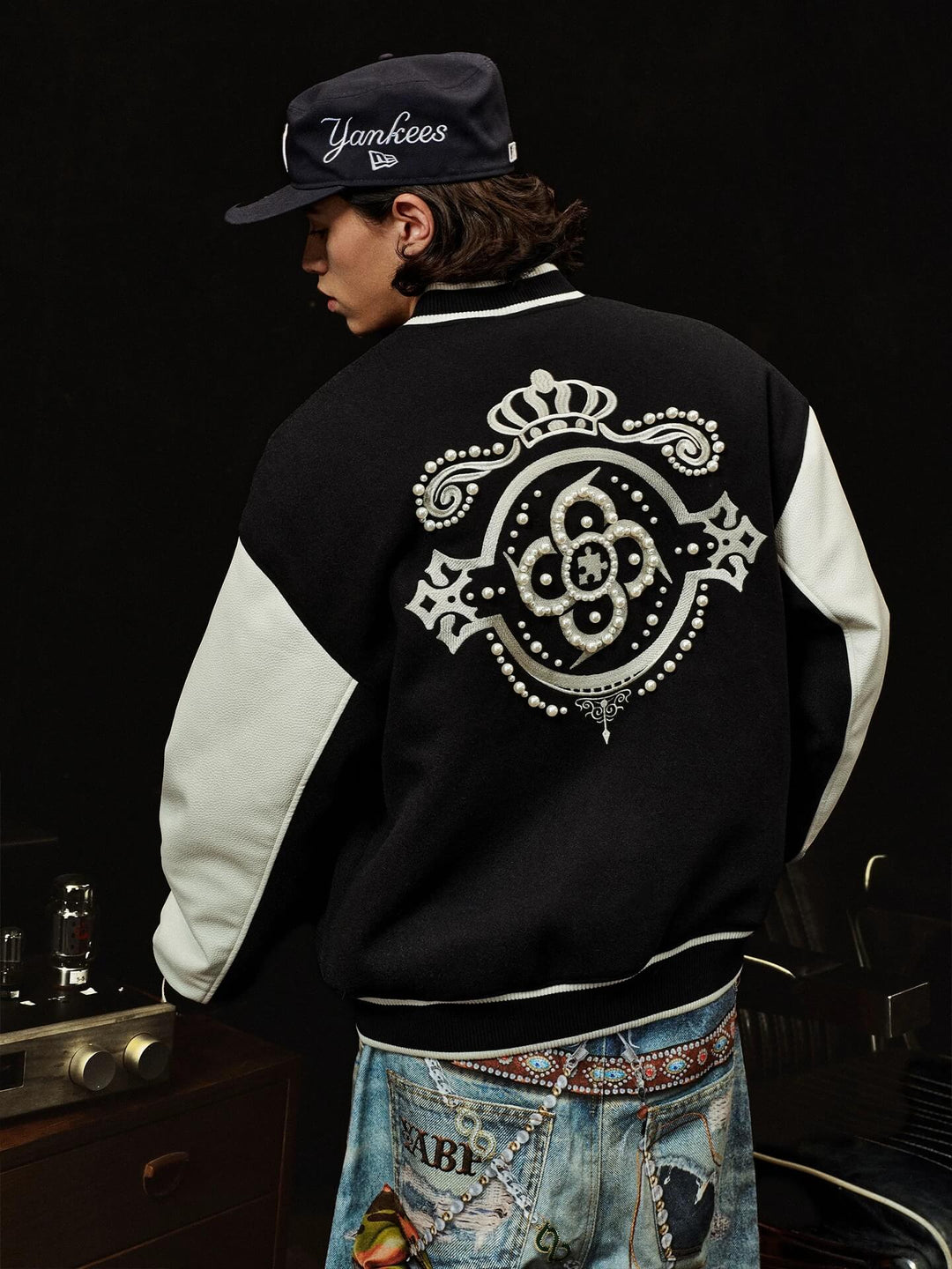 YADcrew x BIPOLAR Embroidered Pearl Beaded Varsity Jacket | Face 3 Face