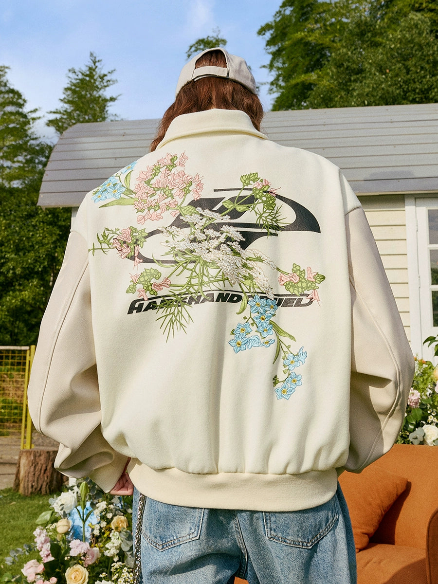 Harsh and Cruel Logo Full Back Embroidered Floral Varsity Jacket | Face 3 Face