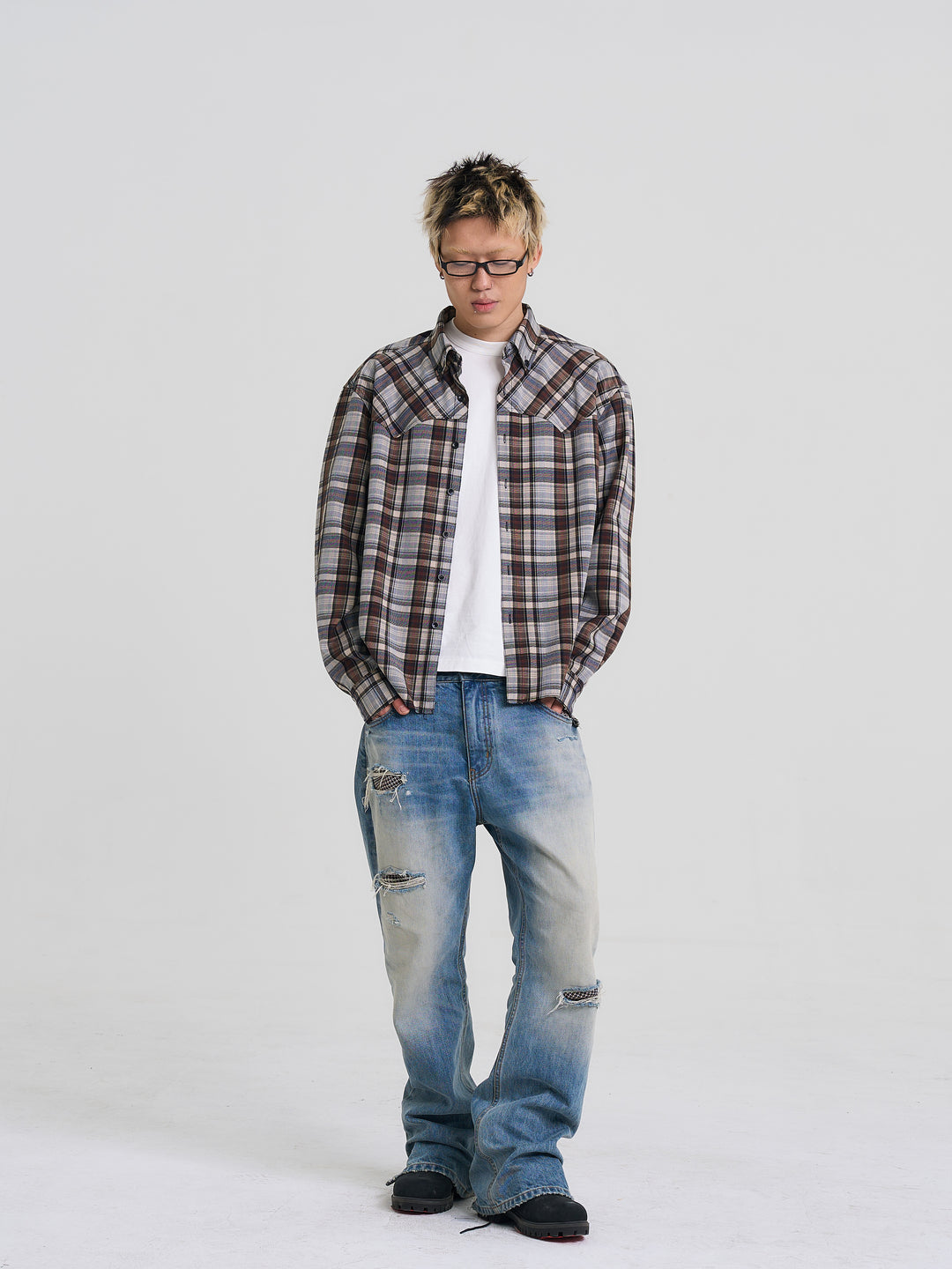 EVILKNIGHT(EK) Washed Checkered Patch Distressed Jeans | Face 3 Face
