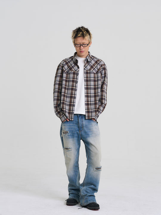 EVILKNIGHT(EK) Washed Checkered Patch Distressed Jeans | Face 3 Face