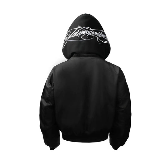 KARMANISTIC Embroidered Hooded Puffer Bomber Jacket | Face 3 Face