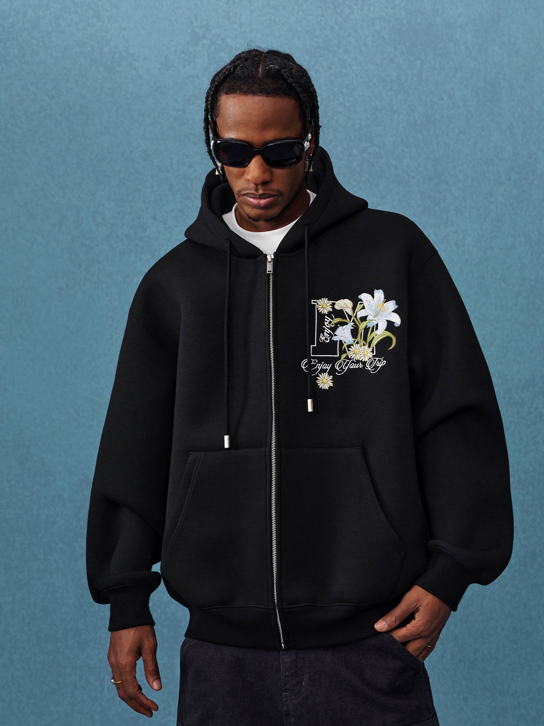 MEDM Floral Embroidery Air Layer Zip-Up Hoodie | Face 3 Face