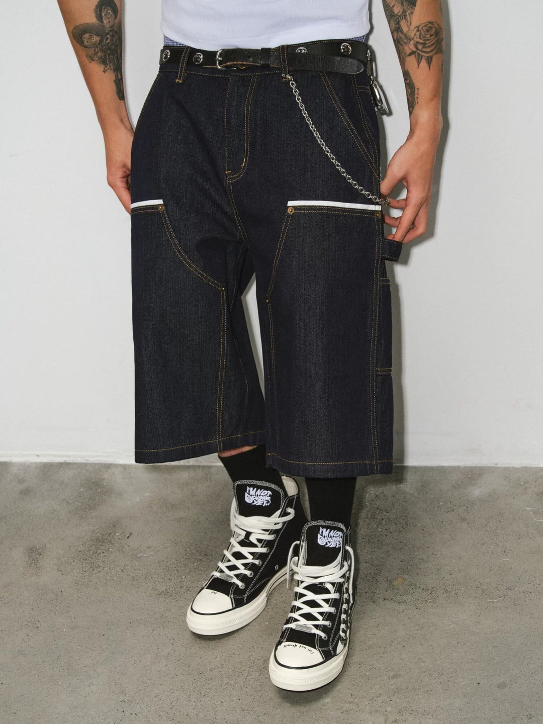 NOVACAM White Accent Line Double Knee Baggy Denim Shorts | Face 3 Face