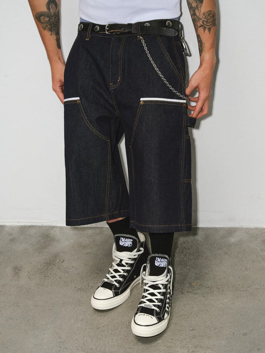 NOVACAM White Accent Line Double Knee Baggy Denim Shorts | Face 3 Face