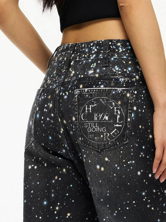 1807 Starry Universe Print Rhinestone Accent Jeans | Face 3 Face