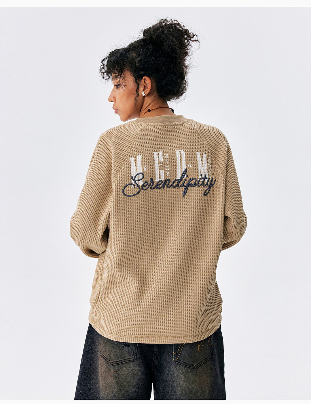 MEDM Logo Embroidered Print Waffle Long Sleeve Tee | Face 3 Face