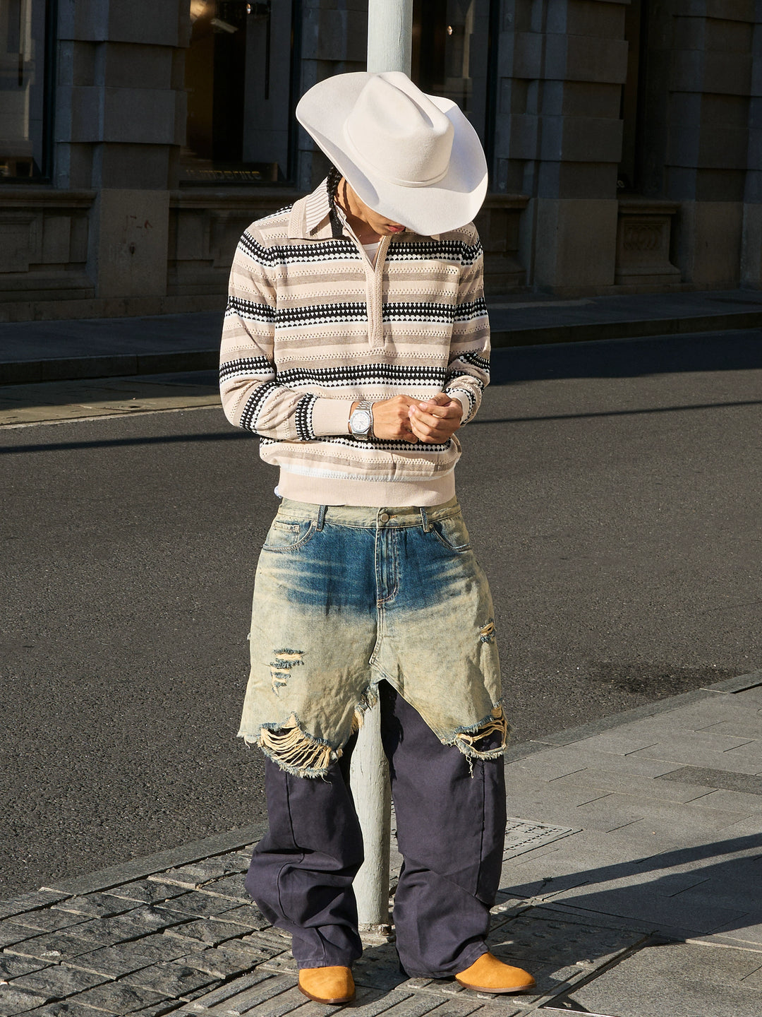 STEEPC Layered Design Knit Striped Long Sleeve Polo | Face 3 Face