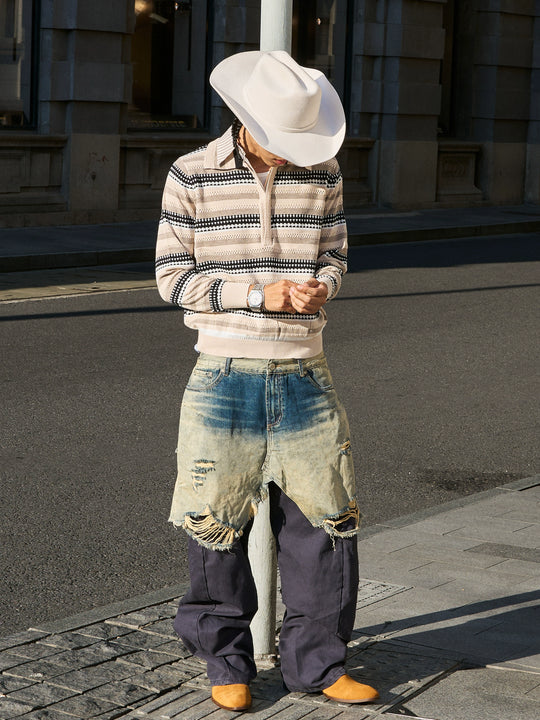 STEEPC Layered Design Knit Striped Long Sleeve Polo | Face 3 Face