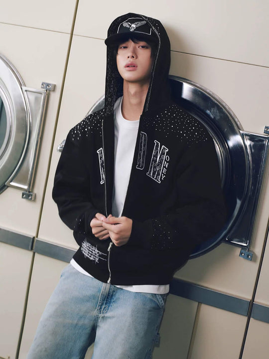 MEDM Paisley Hood Lining Rhinestone Embellished Zip Up Hoodie | Face 3 Face