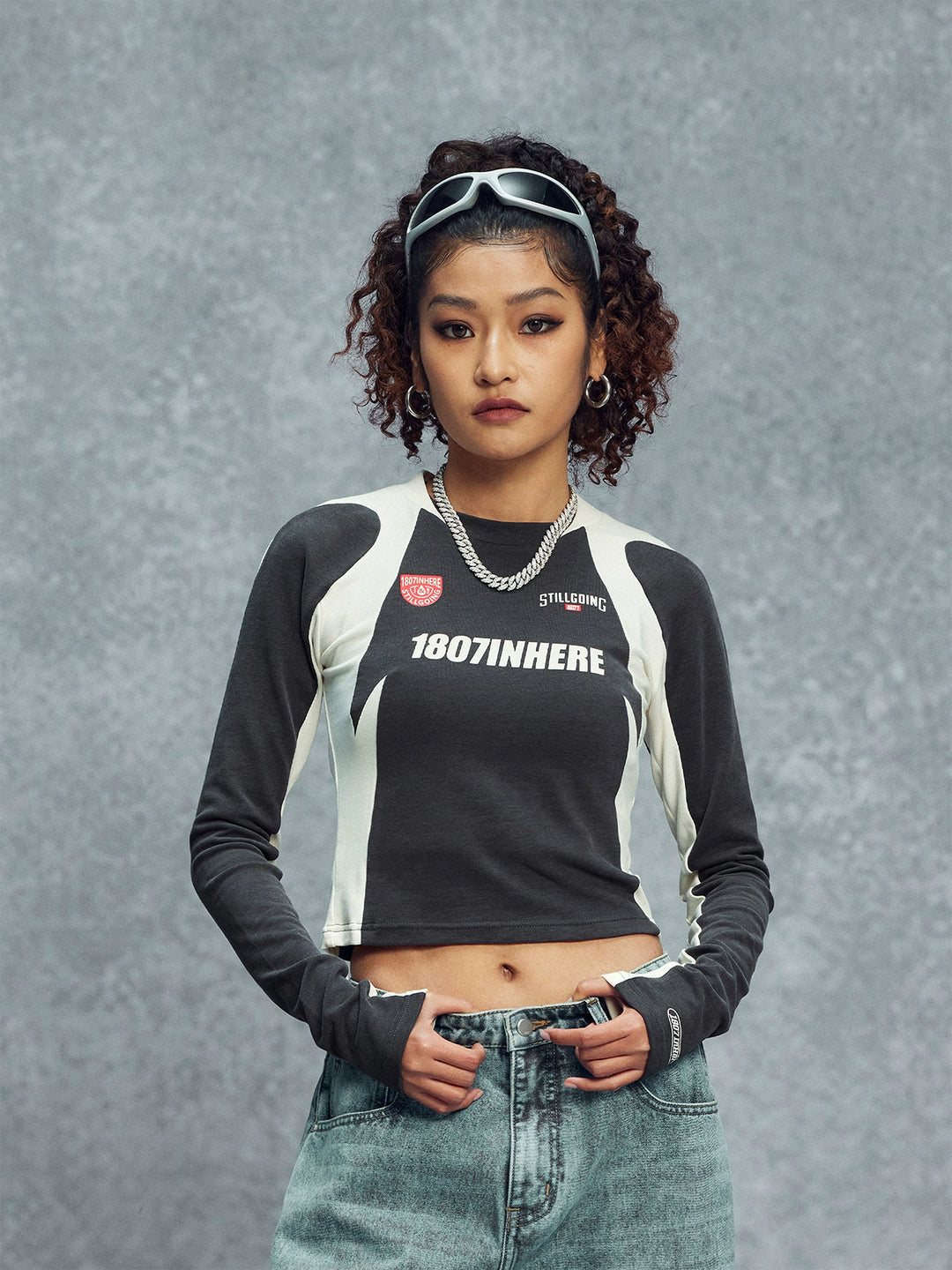 1807 Colorblock Cropped Slim Football Long Sleeve Tee | Face 3 Face