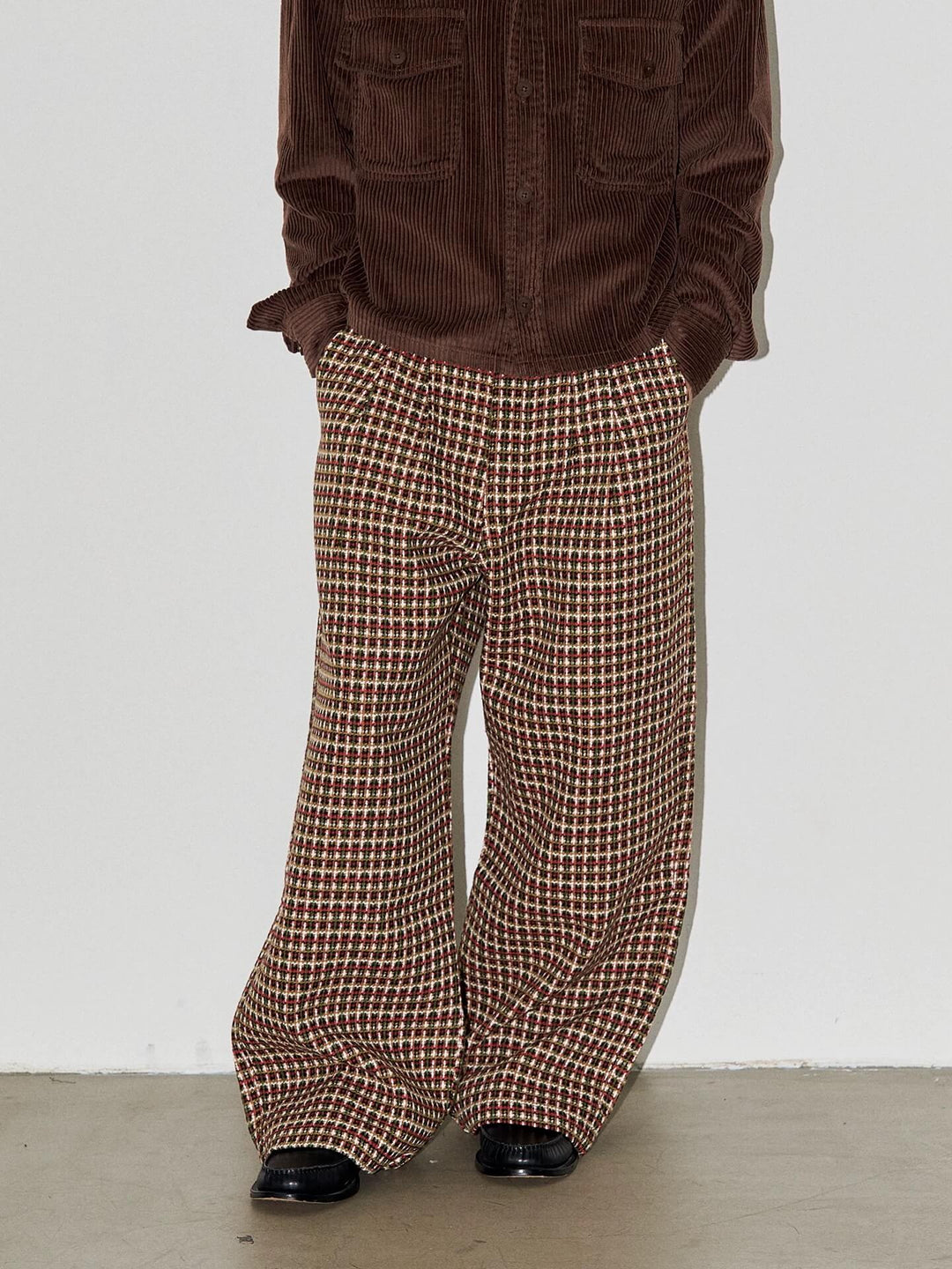 LIBERAFIT Wool Tweed Grid Pattern Pleated Baggy Trousers | Face 3 Face