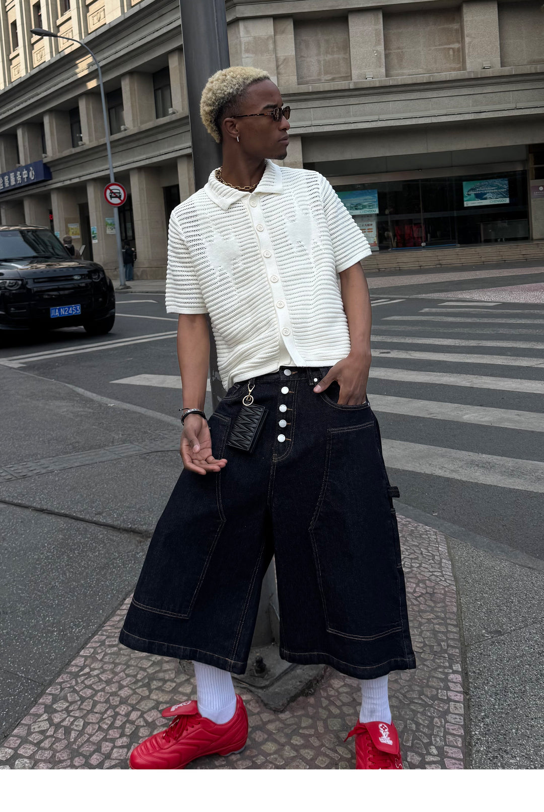 STEEPC Snap Button Double Knee Cropped Denim Baggy Shorts | Face 3 Face