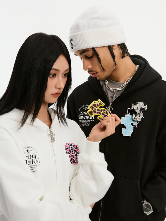 Small Town Kid Animal Textured Logo Velcro Zip-Up Hoodie | Face 3 Face