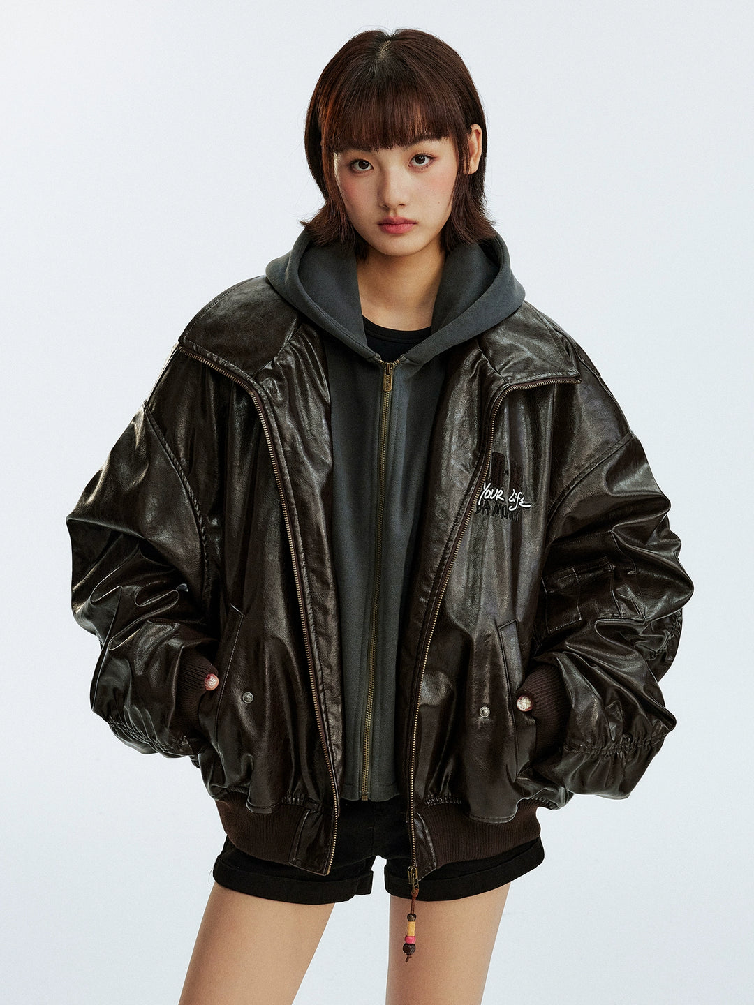 MEDM Layered Hood PU Leather Bomber Jacket | Face 3 Face